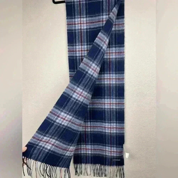 MONOPRIX Unisex One Size 100% Wool Fringe Scarf Blue Plaid Minimalist Essentials - Picture 11 of 13